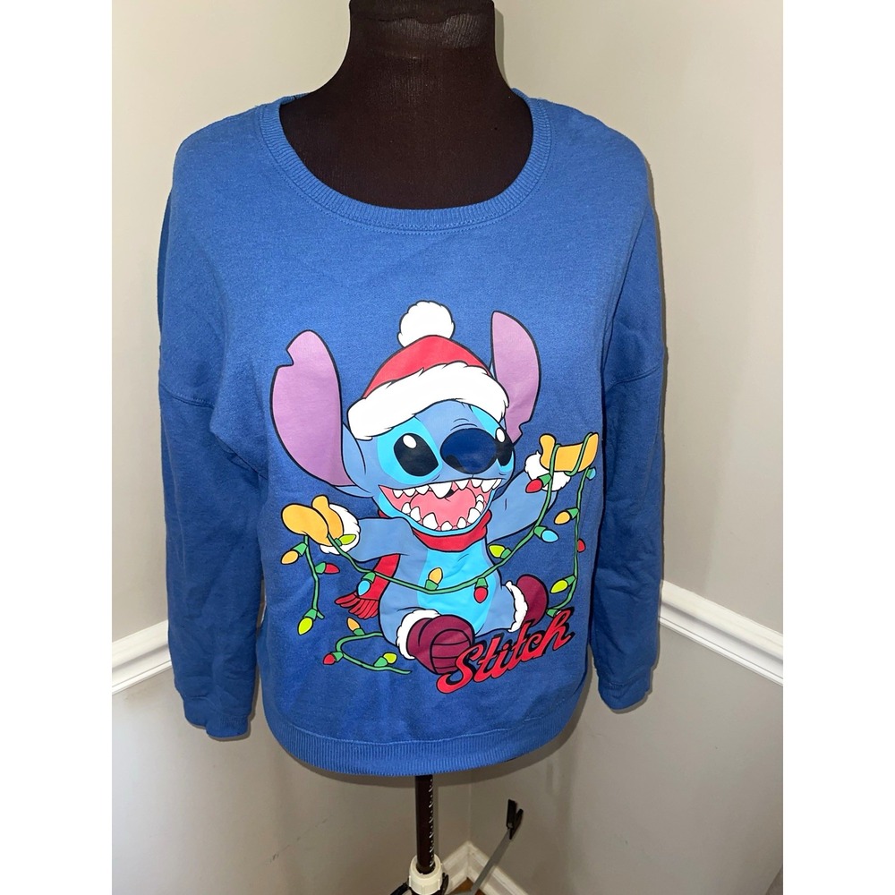 Disney Stitch Christmas Graphic Fleece Pullover Sweatshirt Womens L Blue
